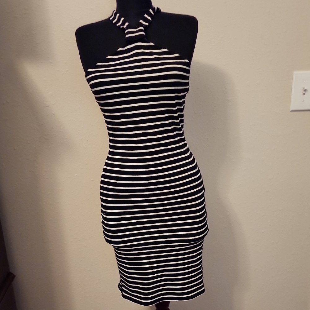 Topshop Black and White Striped Midi Dress